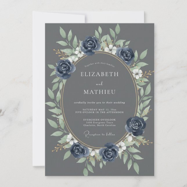 Invitation Mariage au feuillage d'eucalyptus indigo ardoise (Devant)