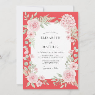 Invitation Mariage au feuillage peint de corail rose