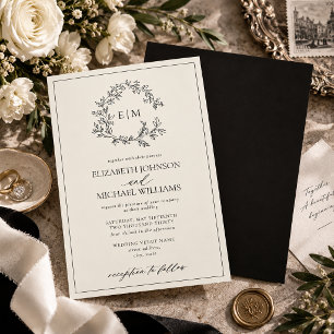 Invitation Mariage au monogramme à crête feuillue noir ivoire