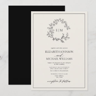 Invitation Mariage au monogramme à crête feuillue noir ivoire