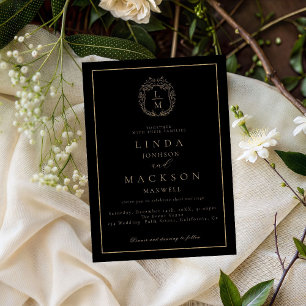 Invitation Mariage au monogramme de crête botanique noir et o