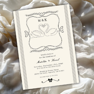 Invitation Mariage au monogramme de cygnes à rayures dessinés