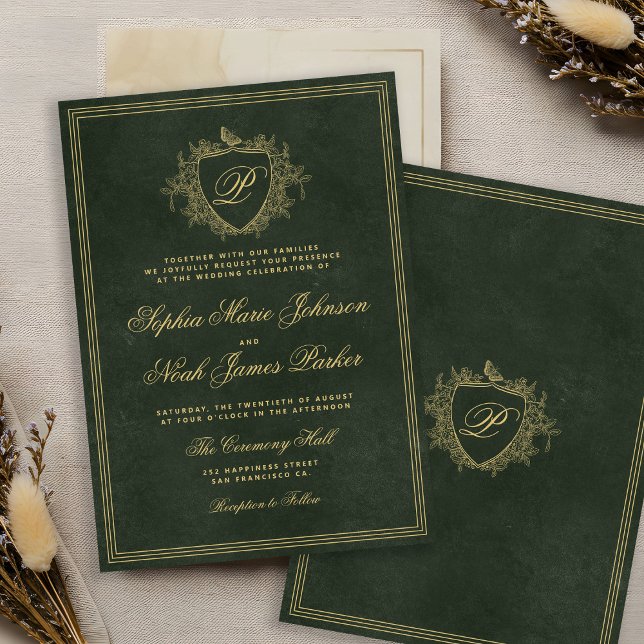 Invitation Mariage au monogramme d'or vert émeraude (Créateur téléchargé)