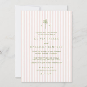 Invitation Mariage au palmier en rayure rose pêche et sauge
