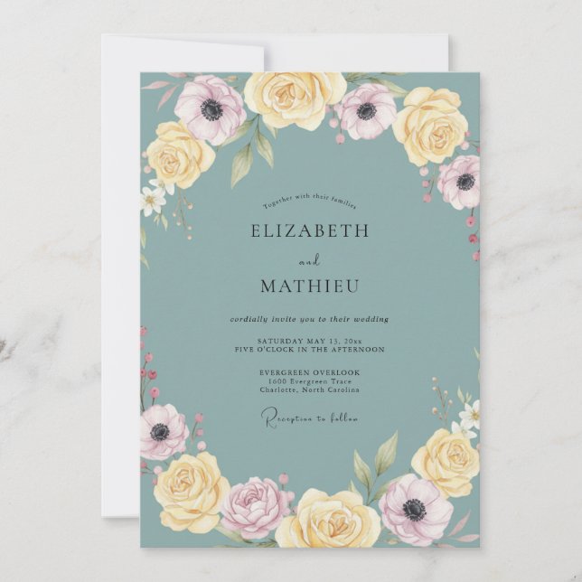 Invitation Mariage au pivoine beurre d'ardoise (Devant)