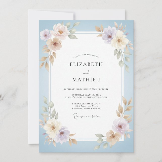 Invitation Mariage au Ranunculus et Eucalyptus Bleu Poudre et (Devant)