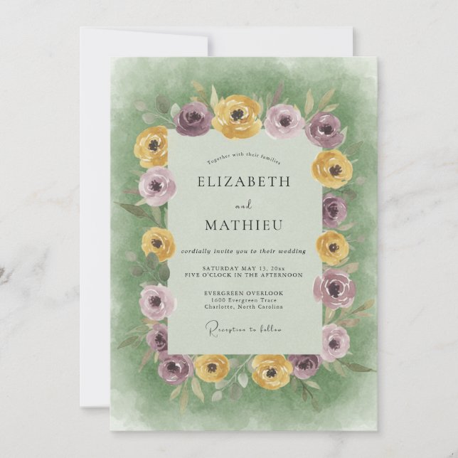 Invitation Mariage au Ranunculus Lilas Moutarde et Eucalyptus (Devant)