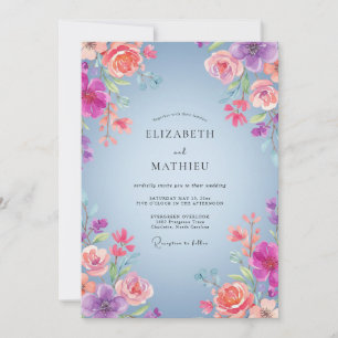 Invitation Mariage au Ranunculus Pêche Periwinkle et Eucalypt