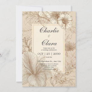 Invitation Mariage au style de dessin en ligne de fleurs d'Hi