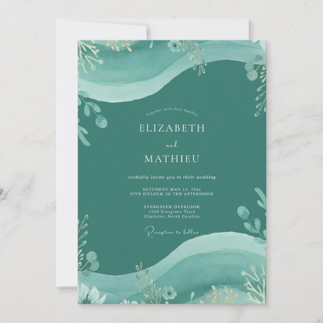 Invitation Mariage au thème Eucalyptus sarcelle foncé (Devant)