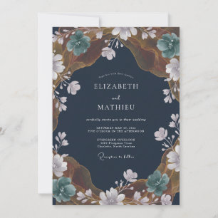 Invitation Mariage au verger peint dans des tons bleu marine