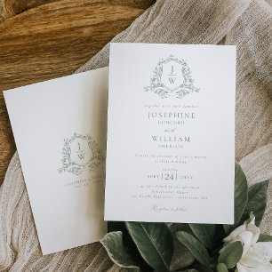 Invitation Mariage au Vert Sage Monogramme à Armoiries Floral