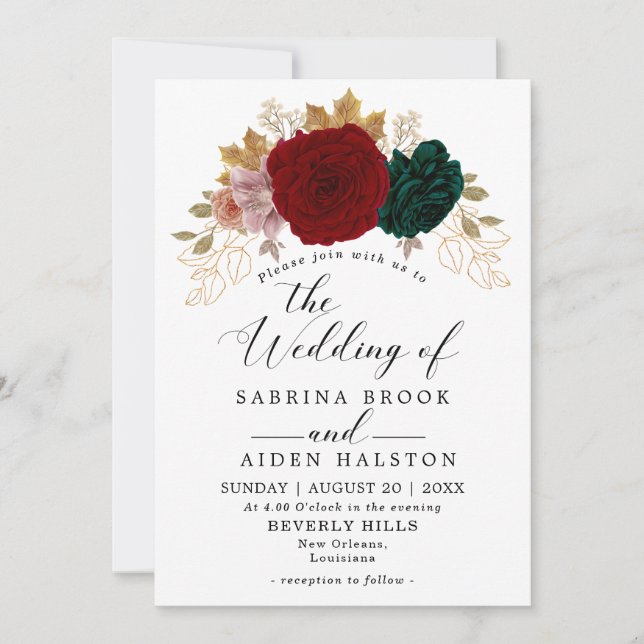 Invitation Mariage aurifère bordeaux émeraude vert d'automne (Devant)