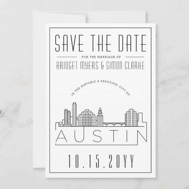 Invitation Mariage Austin | Skyline stylisée Enregistrer la d (Devant)