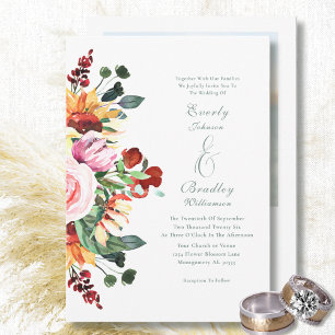 Invitation Mariage automnal aquarelle floral coucher de solei