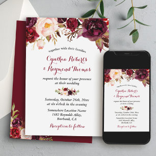 Invitation Mariage Automnal Floral Marsala Rouge Bourgogne Ch