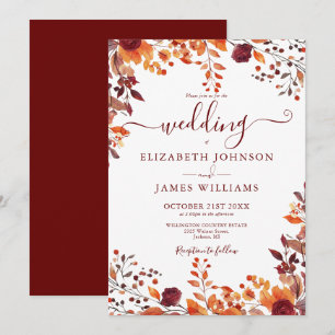 Invitation Mariage Automnal Rustique Floral Feuilles de Bourg