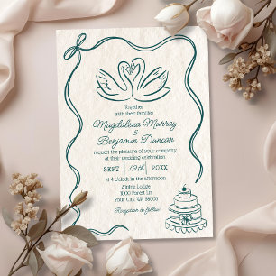 Invitation Mariage aux cygnes rétro sarcelle vert dessinés à 