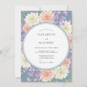 Invitation Mariage aux Dahlias Lavande Ardoise