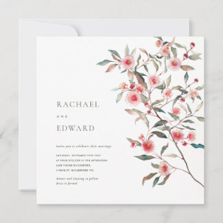 Invitation Mariage aux feuillages d'eucalyptus et fleurs rose