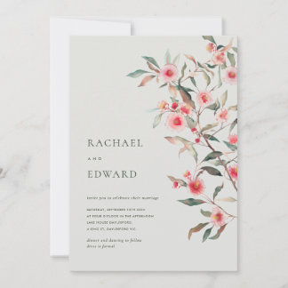 Invitation Mariage aux feuillages d'eucalyptus et fleurs rose
