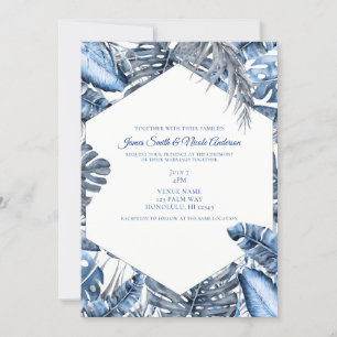 Invitation Mariage aux feuilles de palmier tropical bleu et b