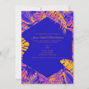 Invitation Mariage aux feuilles de palmier tropicales bleu or
