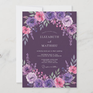 Invitation Mariage aux Feuilles Magenta et Prune