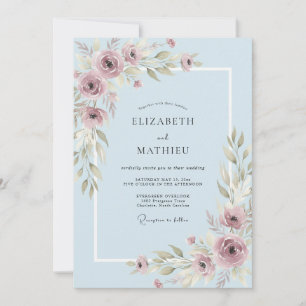 Invitation Mariage aux Feuilles Mauves Bleu Poudré