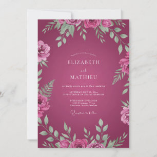 Invitation Mariage aux Feuilles Peintes en Magenta