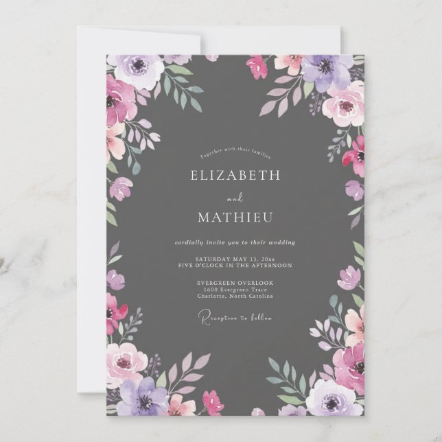 Invitation Mariage aux Feuilles Pourpres Charbon (Devant)