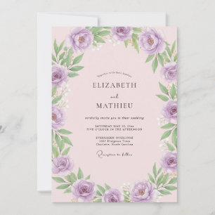 Invitation Mariage aux Feuilles Roses Pâles de Lilas