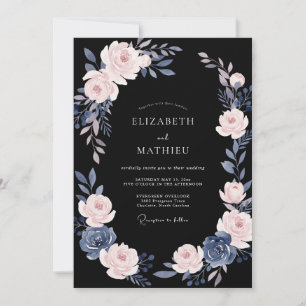 Invitation Mariage aux feuilles roses poussiéreuses noires