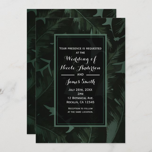 Invitation Mariage aux feuilles tropicales Green & Black Chic (Devant / Derrière)