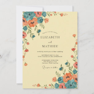 Invitation Mariage aux fleurs sauvages de corail et de sarcel