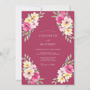 Invitation Mariage aux fleurs sauvages peintes en magenta