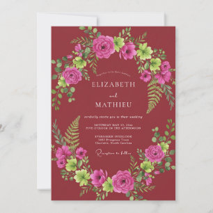 Invitation Mariage aux fougères bordeaux fuchsia