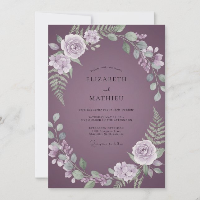 Invitation Mariage aux Fougères Mauve Poussiéreux (Devant)