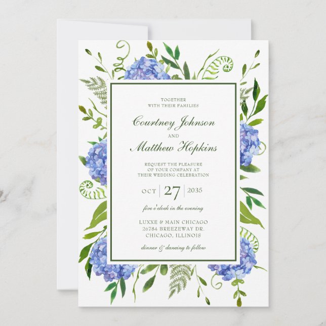 Invitation Mariage aux Hortensias Bleus (Devant)