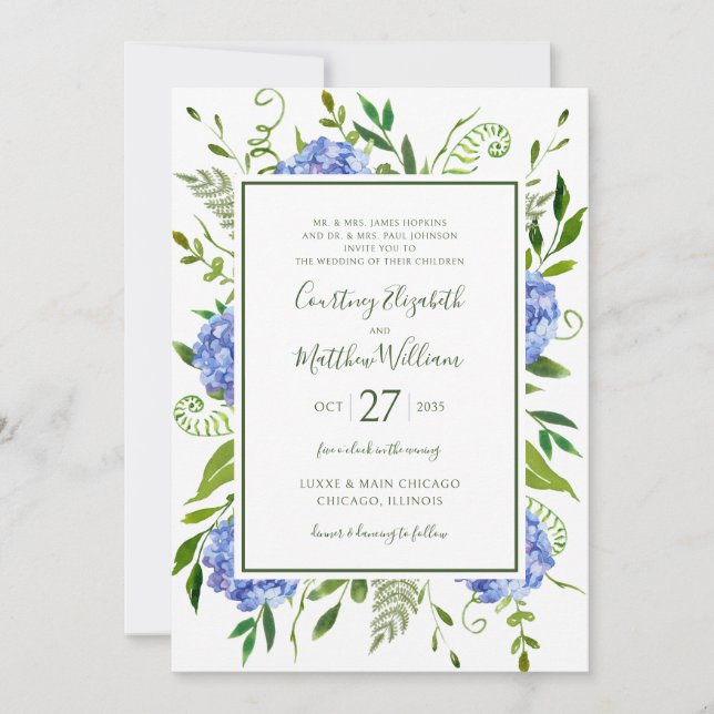 Invitation Mariage aux Hortensias Bleus (Devant)
