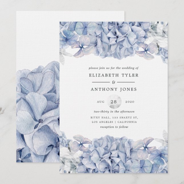 Invitation Mariage aux Hortensias Bleus (Devant / Derrière)
