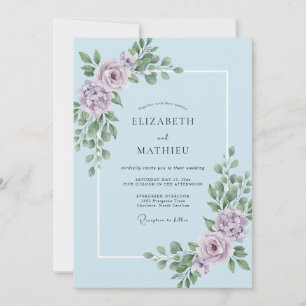 Invitation Mariage aux Lilas Feuillus Bleu Ciel