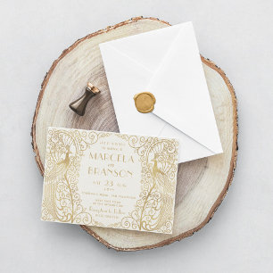 Invitation Mariage aux Paons Art Déco Élégant