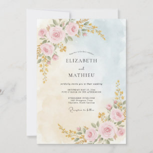 Invitation Mariage aux Pétales Roses Pâles Peintes