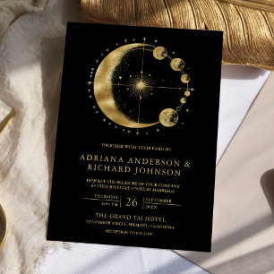 Invitation Mariage aux phases de lune en or noir céleste