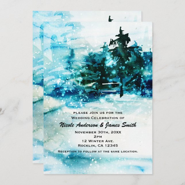 Invitation Mariage aux Pins de la Forêt enneigée Aquarelle d' (Devant / Derrière)