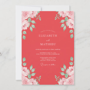 Invitation Mariage aux Pivoines Corail Feuillues