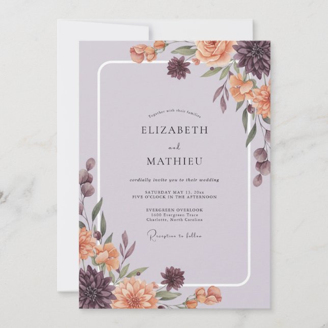 Invitation Mariage aux Pivoines Mauve Brûlé Orange (Devant)