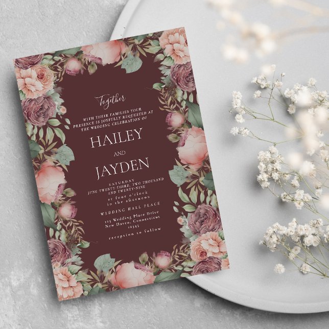 Invitation Mariage aux pivoines rose botanique bordeaux vert  (Botanical burgundy pink mint green peonies wedding)