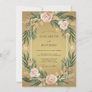 Invitation Mariage aux Pivoines Rose Poussiéreux Moutarde